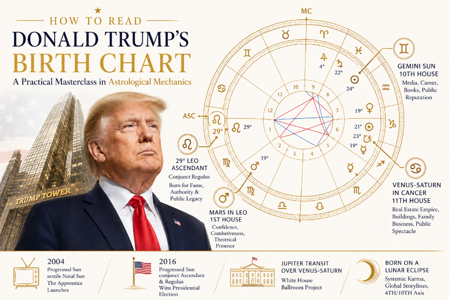 Donald Trump natal birth chart wheel highlighting the 29-degree Leo Ascendant, Regulus, Gemini Sun, and Venus-Saturn Cancer conjunction.